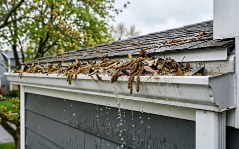 A white rain gutter packed with spring tree debris and starting to overflow
