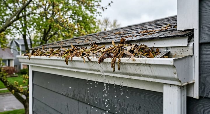 A white rain gutter packed with spring tree debris and starting to overflow