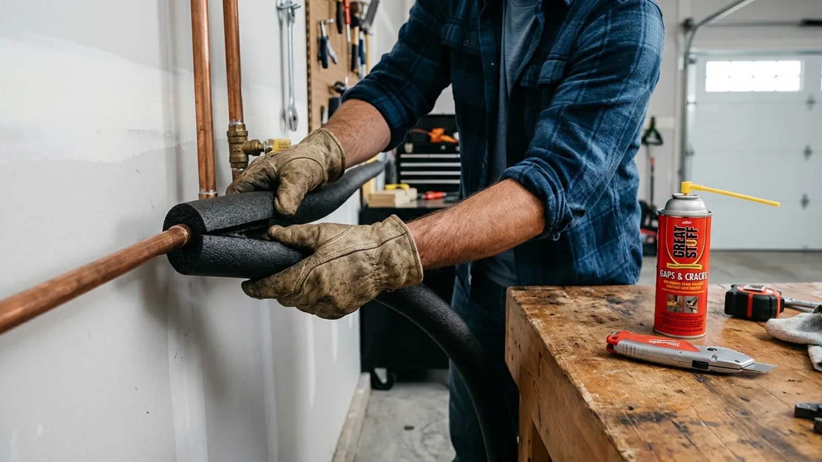 Homeowner installing black foam pipe insulation on a copper garage water pipe.