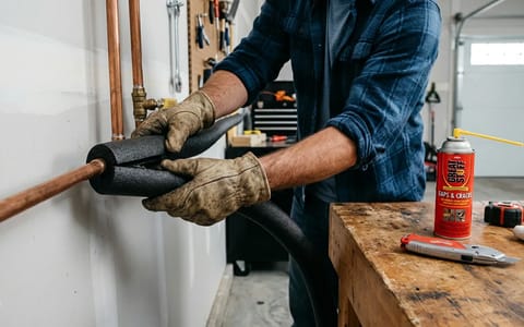 Homeowner installing black foam pipe insulation on a copper garage water pipe.