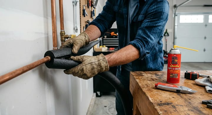 Homeowner installing black foam pipe insulation on a copper garage water pipe.