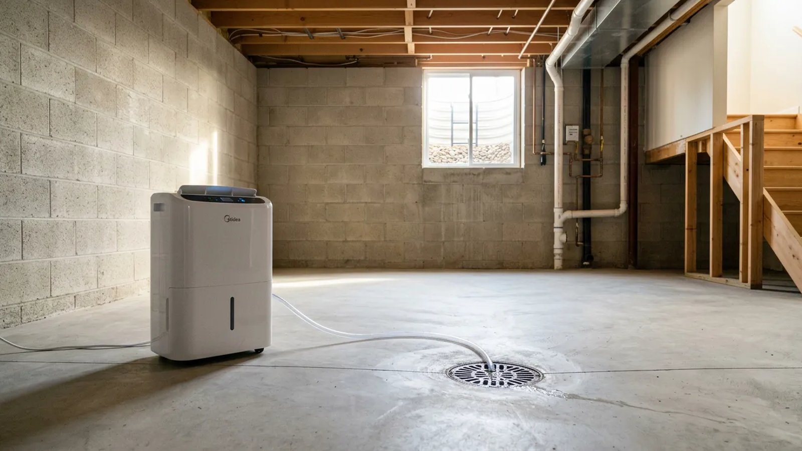 A clean, dry basement featuring a modern dehumidifier with a continuous drain hose.