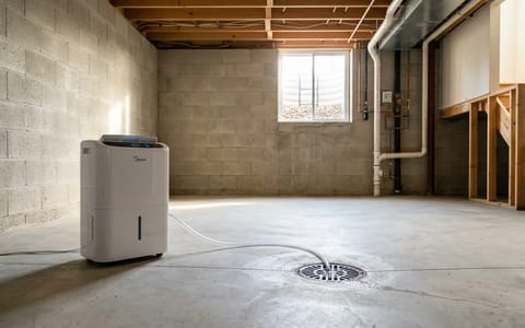 A clean, dry basement featuring a modern dehumidifier with a continuous drain hose.