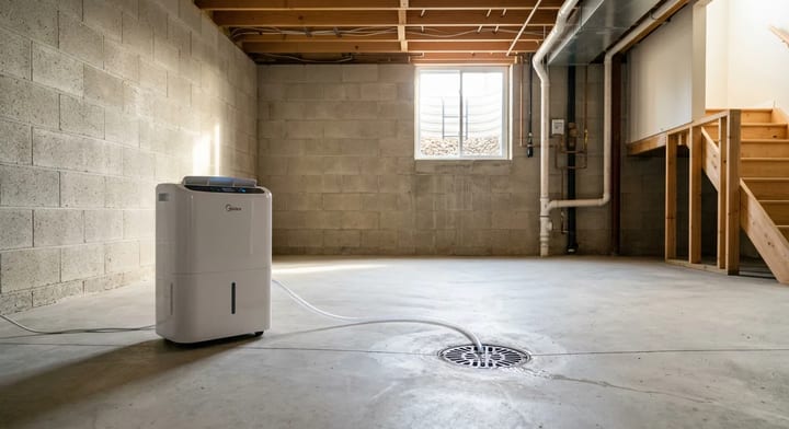 A clean, dry basement featuring a modern dehumidifier with a continuous drain hose.