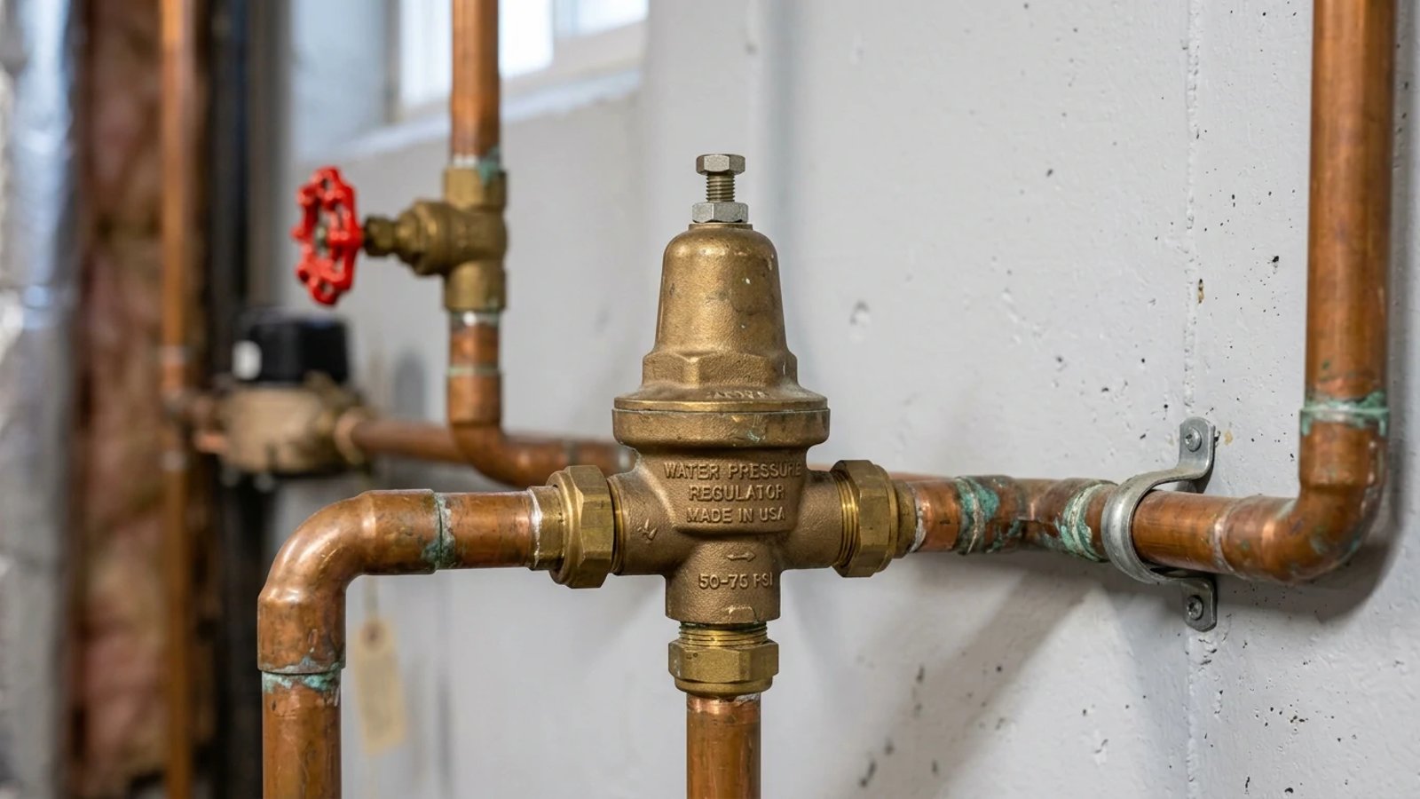 A brass pressure regulator valve installed on a copper water main line.