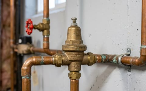 A brass pressure regulator valve installed on a copper water main line.
