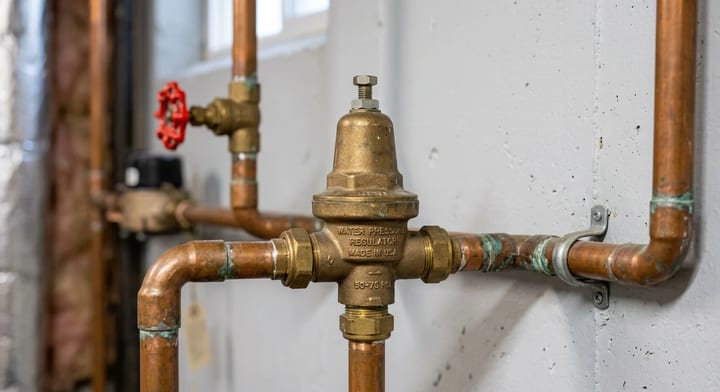 A brass pressure regulator valve installed on a copper water main line.
