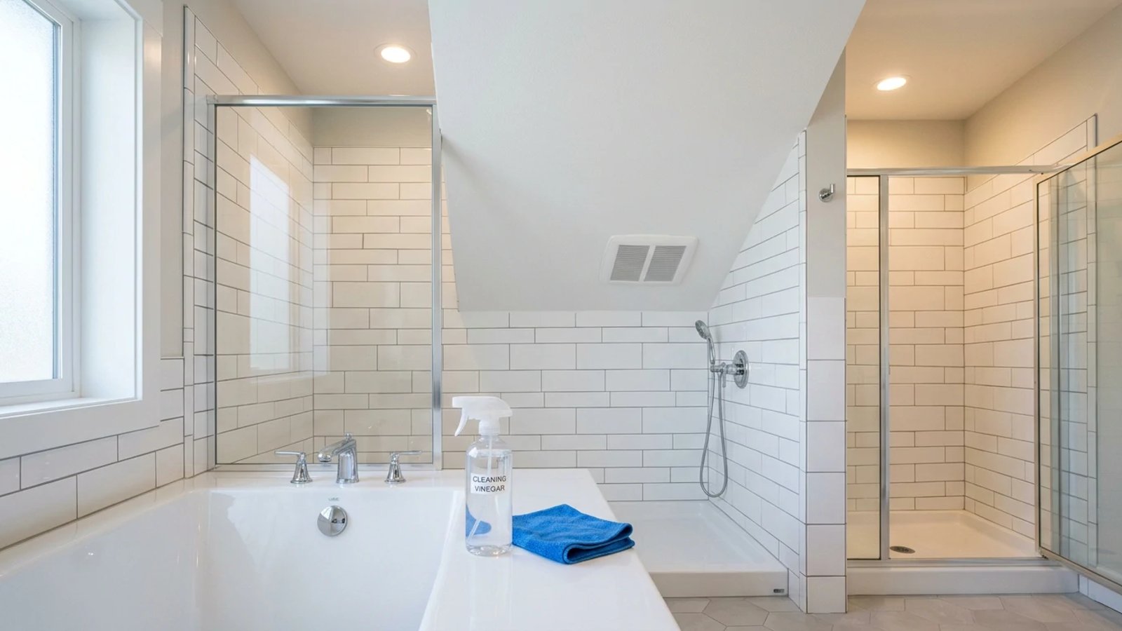 Clean bathroom shower tiles and ceiling with cleaning supplies on the tub edge