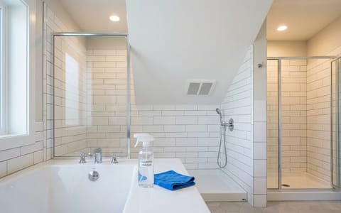 Clean bathroom shower tiles and ceiling with cleaning supplies on the tub edge