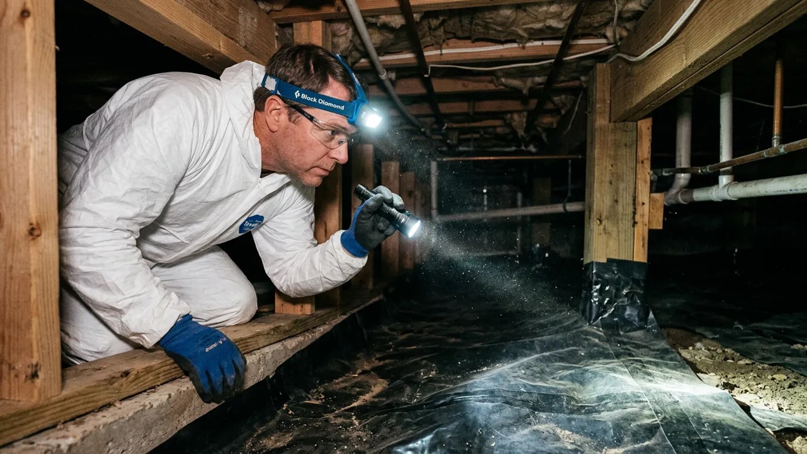 Homeowner using a headlamp to inspect a crawl space vapor barrier