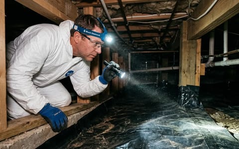 Homeowner using a headlamp to inspect a crawl space vapor barrier