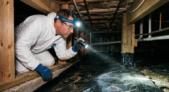 Homeowner using a headlamp to inspect a crawl space vapor barrier
