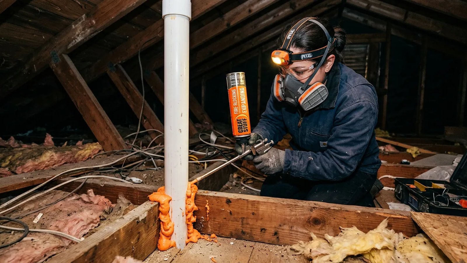 Homeowner wearing safety gear applying expanding foam around an attic plumbing pipe.