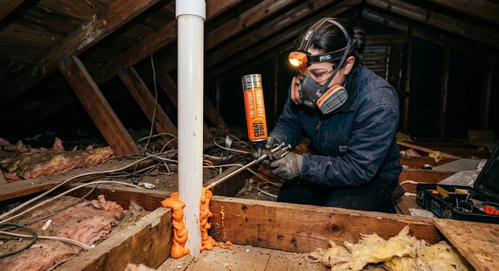 Homeowner wearing safety gear applying expanding foam around an attic plumbing pipe.