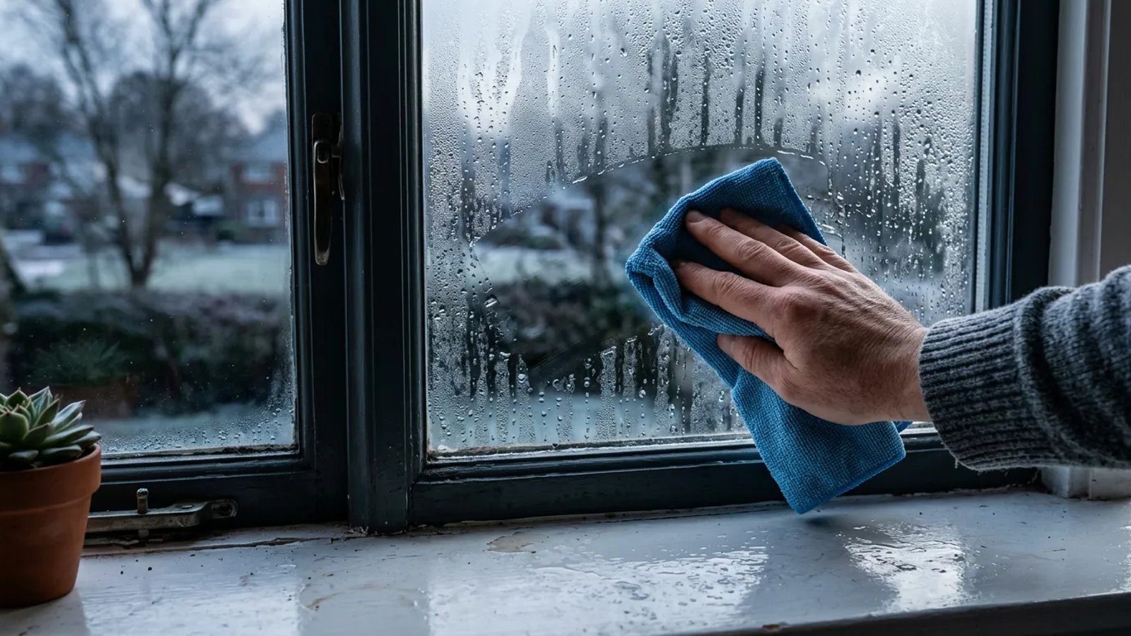 Wiping heavy condensation off the inside of a residential window.
