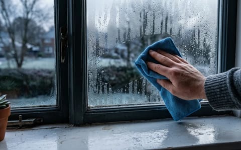 Wiping heavy condensation off the inside of a residential window.