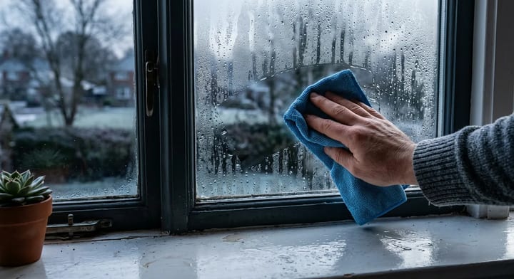 Wiping heavy condensation off the inside of a residential window.