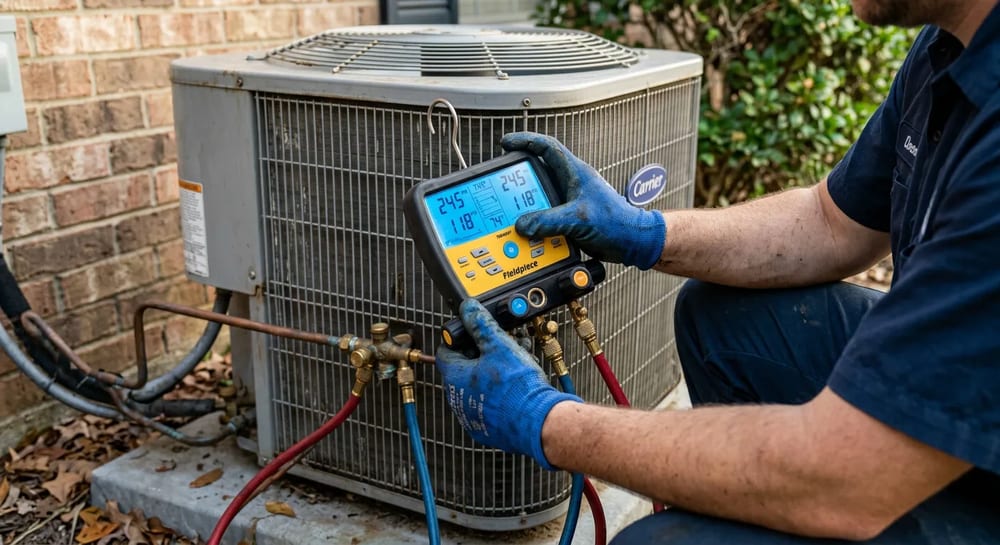 Checking refrigerant pressures requires specialized gauges and EPA certification.
