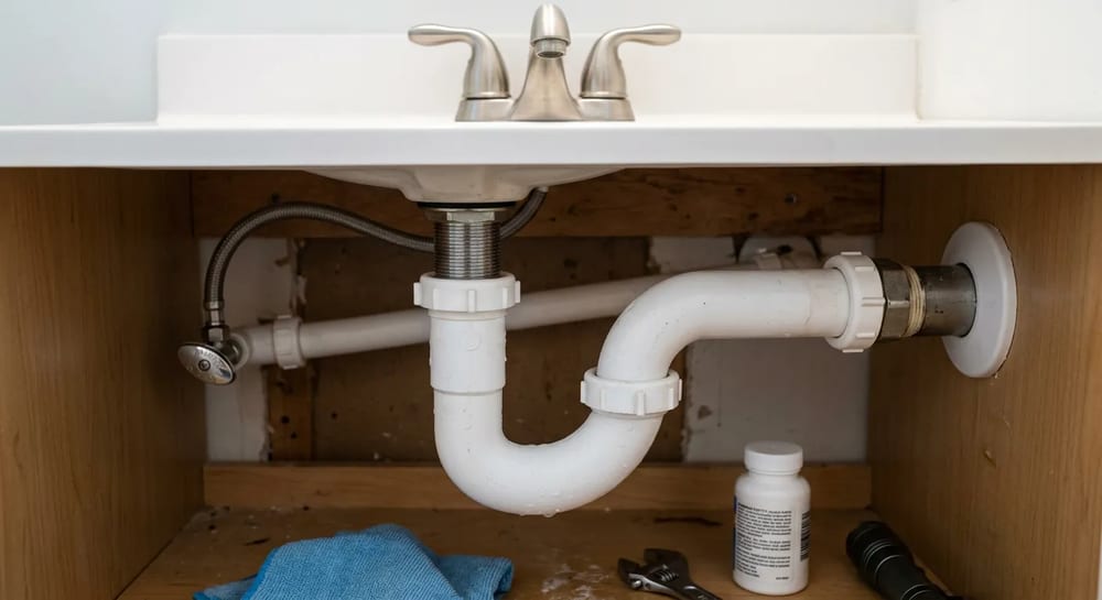 The curved P trap holds water to block sewer gases from coming up the drain.