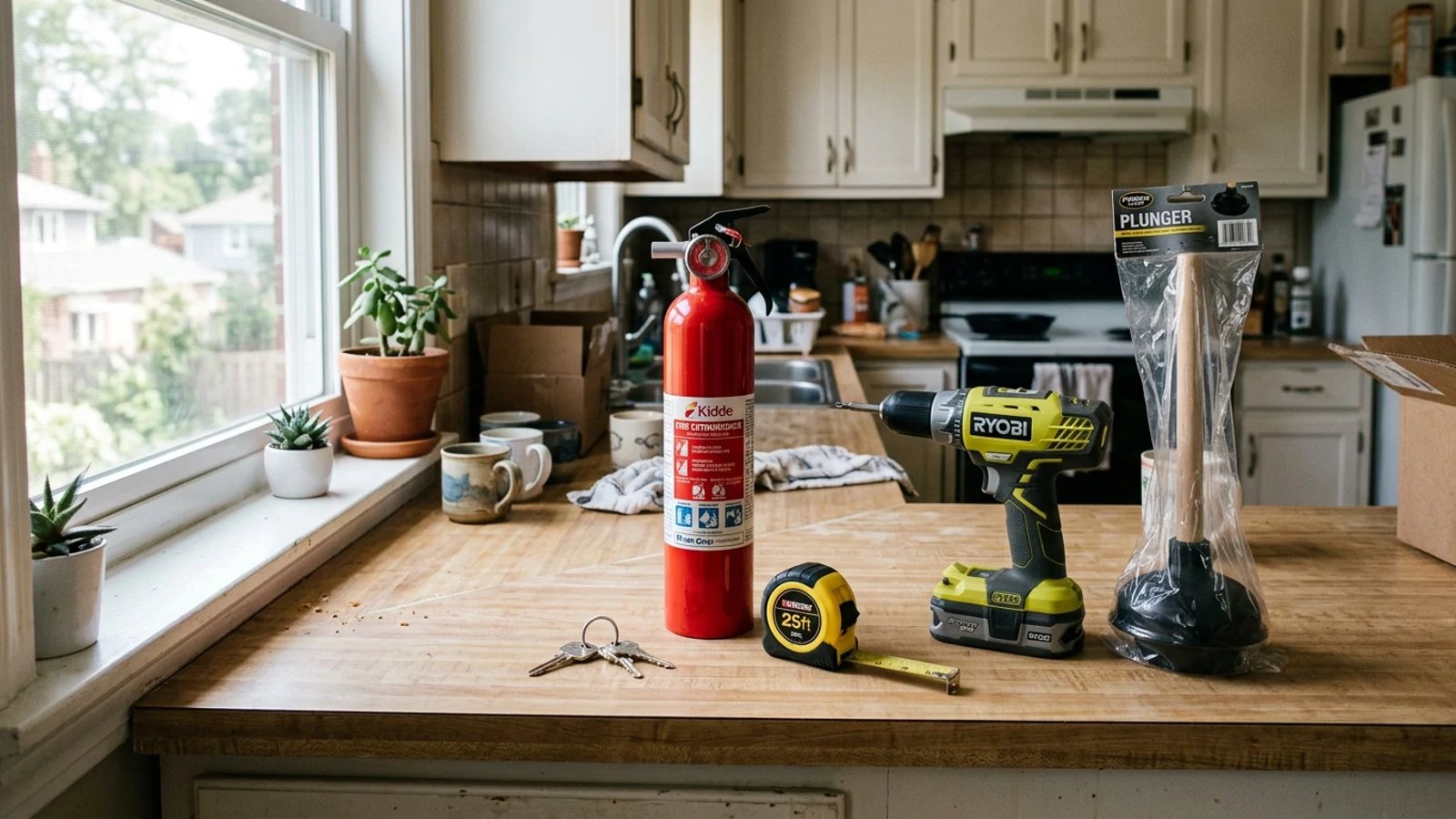 Essential tools and safety gear sitting on a kitchen counter in a new home.