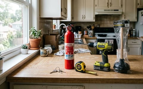 Essential tools and safety gear sitting on a kitchen counter in a new home.