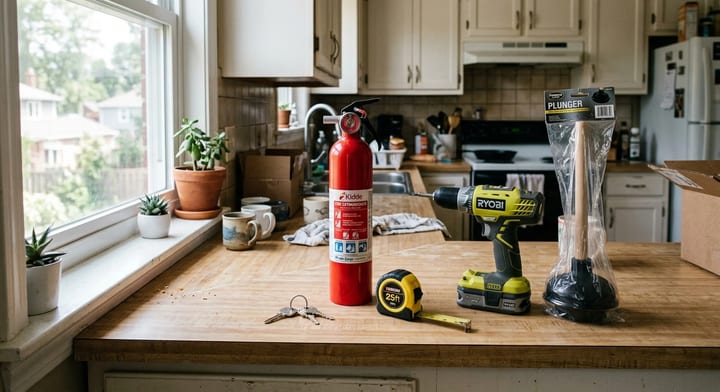 Essential tools and safety gear sitting on a kitchen counter in a new home.