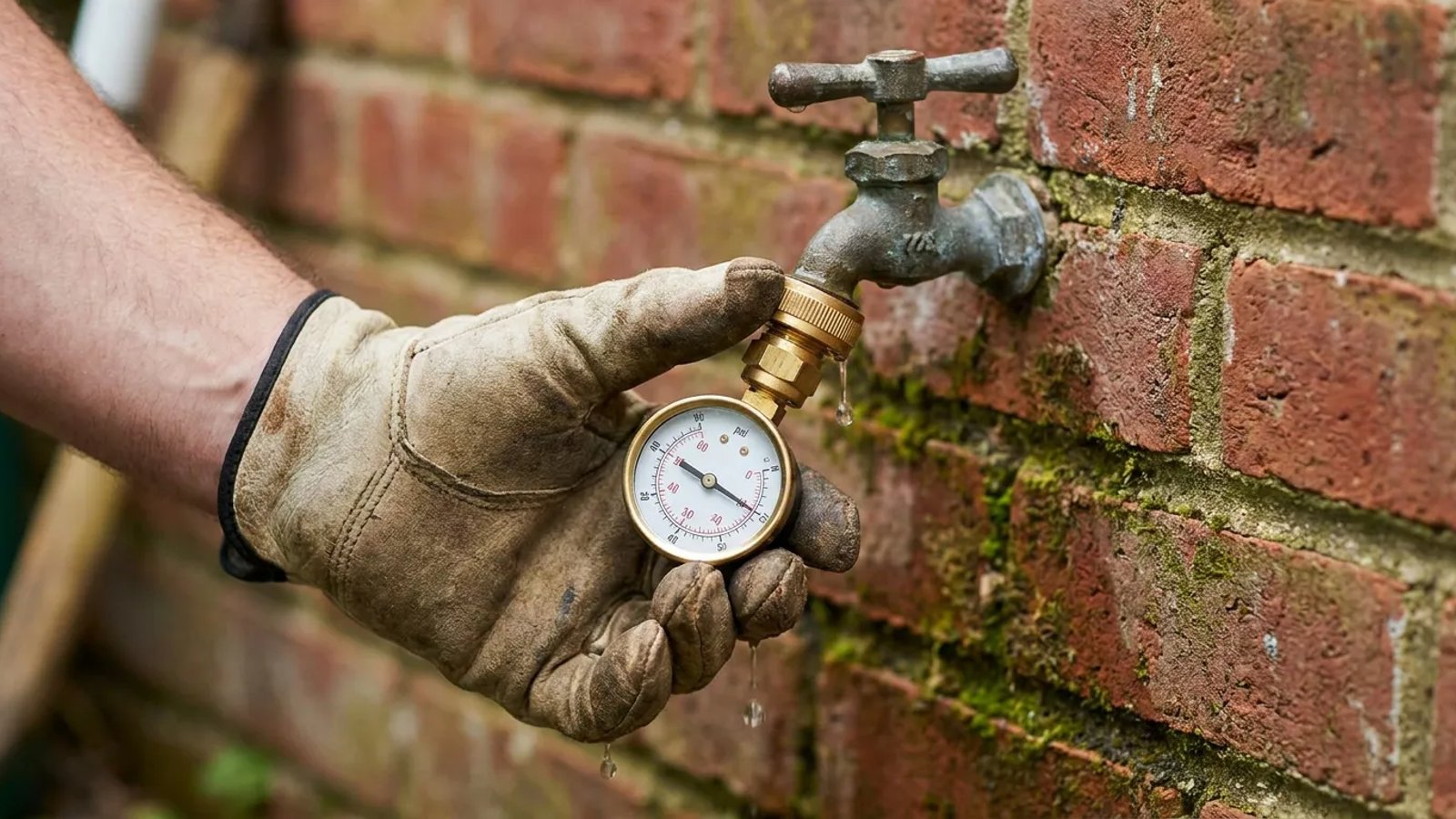 Homeowner checking residential water pressure with a gauge on an outdoor spigot.