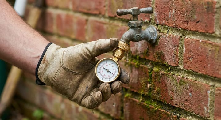 Homeowner checking residential water pressure with a gauge on an outdoor spigot.