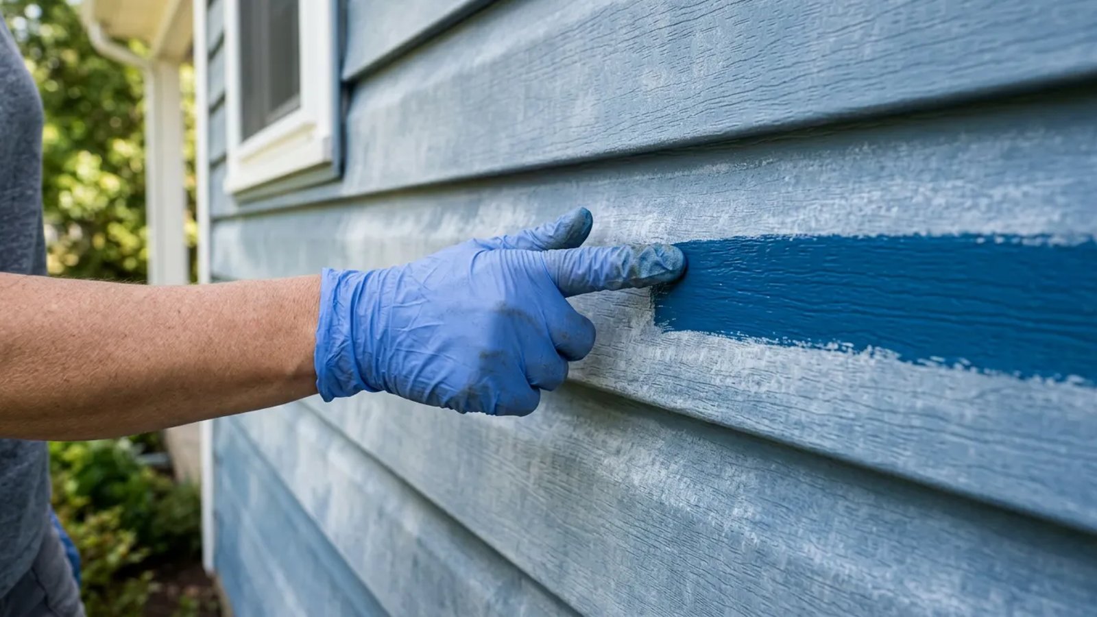 A finger swiping through chalky white oxidation on blue vinyl siding to reveal the bright original color beneath.