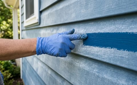 A finger swiping through chalky white oxidation on blue vinyl siding to reveal the bright original color beneath.