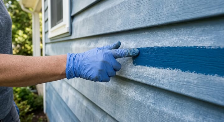 A finger swiping through chalky white oxidation on blue vinyl siding to reveal the bright original color beneath.