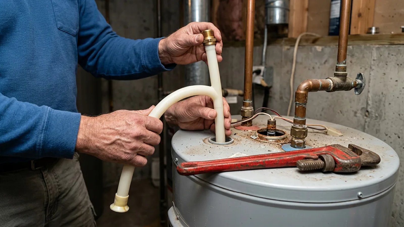 Homeowner holding a new plastic dip tube next to a water heater