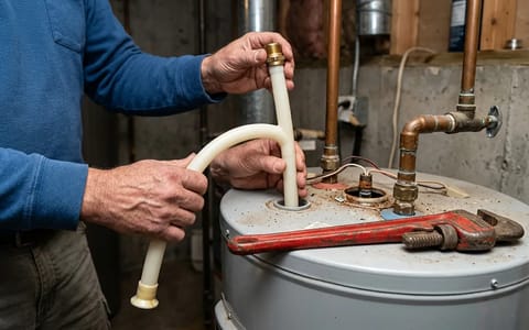 Homeowner holding a new plastic dip tube next to a water heater