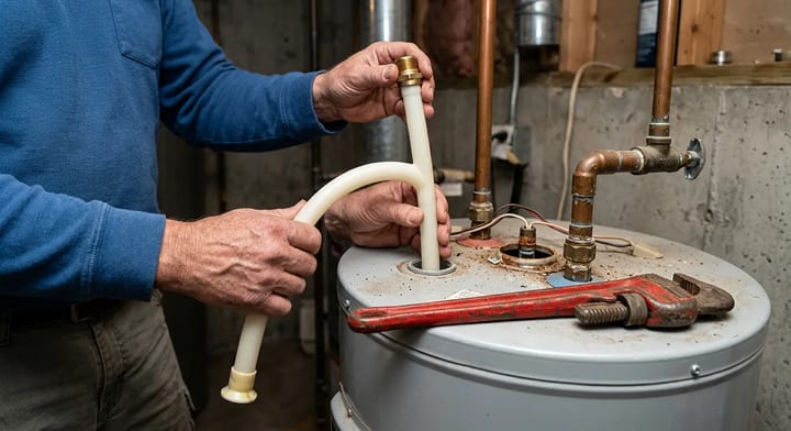 Homeowner holding a new plastic dip tube next to a water heater