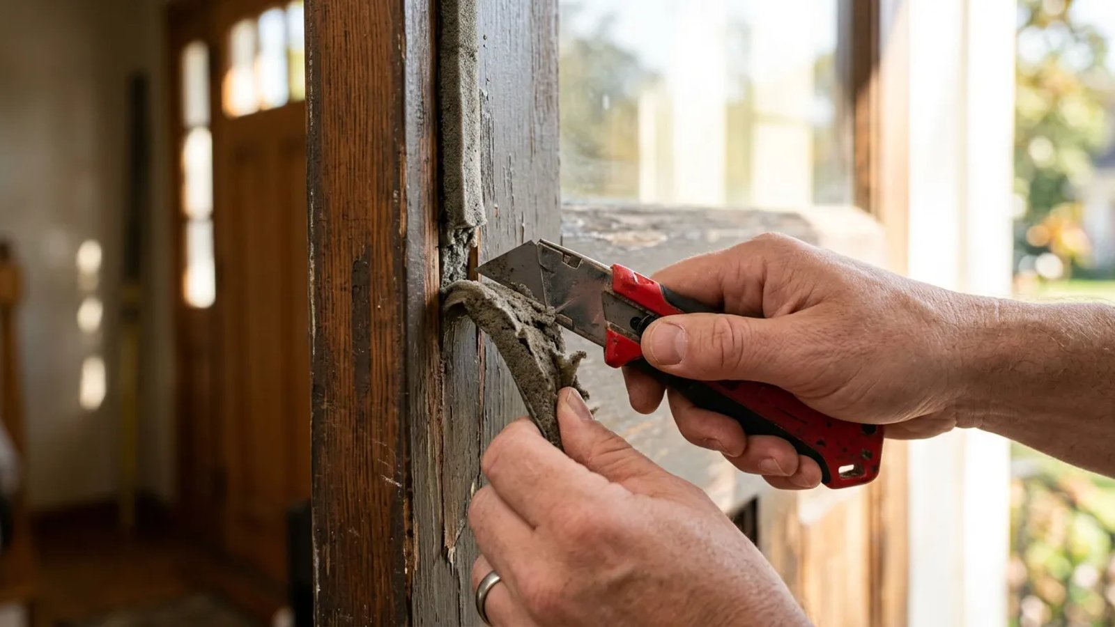 Removing old weatherstripping from a front door jamb