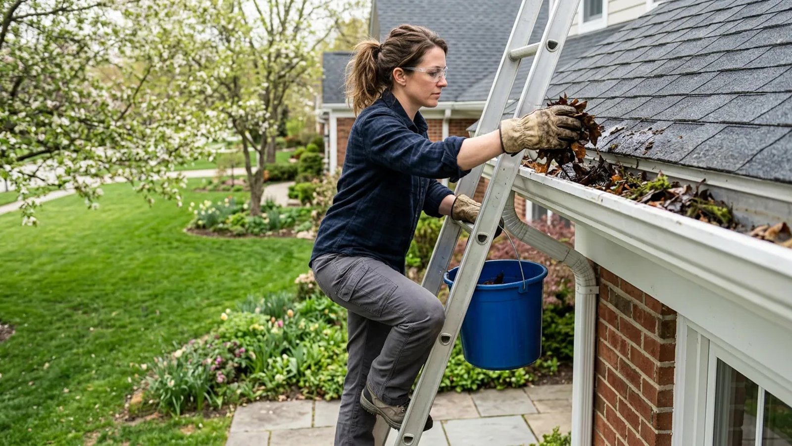 Homeowner wearing gloves scooping winter debris from a white gutter on a spring morning.