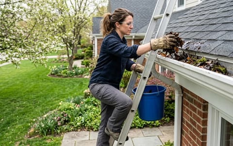 Homeowner wearing gloves scooping winter debris from a white gutter on a spring morning.