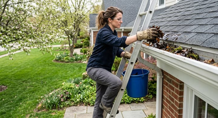Homeowner wearing gloves scooping winter debris from a white gutter on a spring morning.