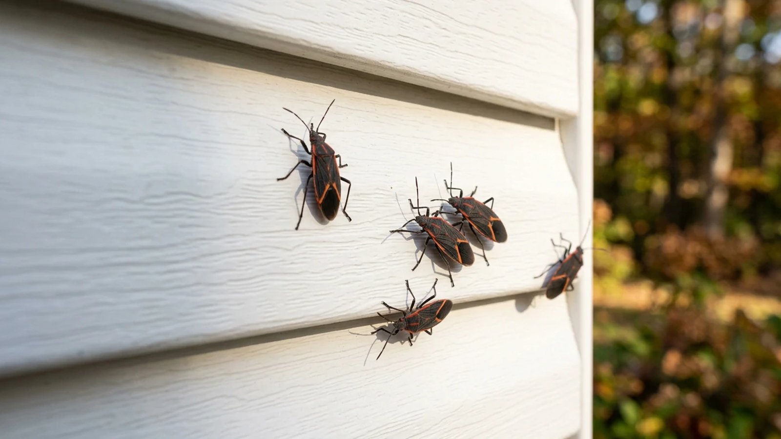 Black and red boxelder bugs resting on white home siding in the sun.
