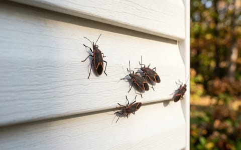 Black and red boxelder bugs resting on white home siding in the sun.