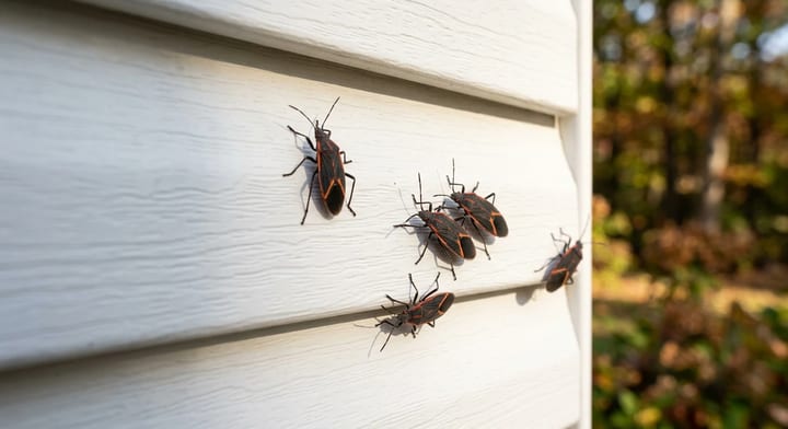 Black and red boxelder bugs resting on white home siding in the sun.