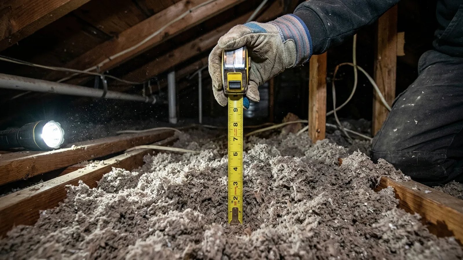 Measuring loose-fill cellulose attic insulation depth with a yellow tape measure.