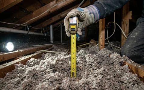 Measuring loose-fill cellulose attic insulation depth with a yellow tape measure.