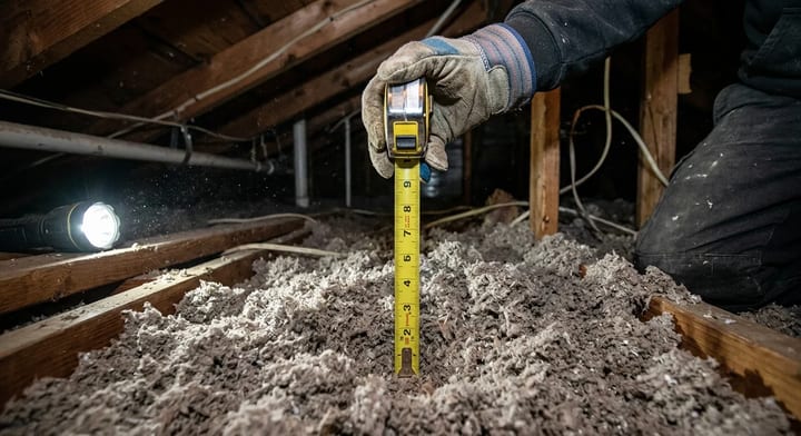 Measuring loose-fill cellulose attic insulation depth with a yellow tape measure.