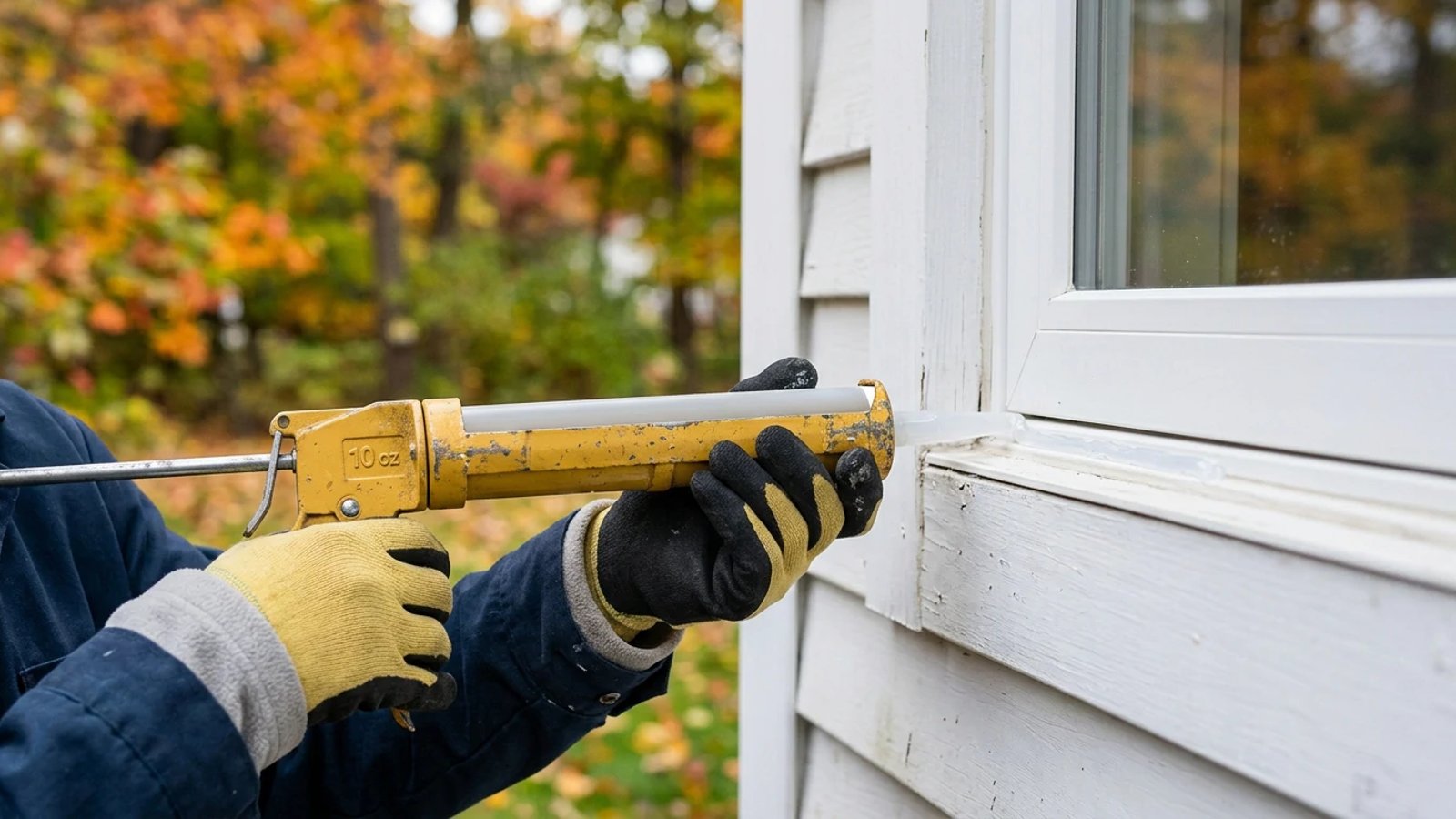 Applying exterior caulk to a window frame with a caulk gun