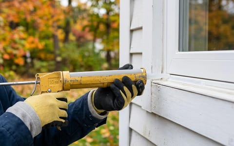 Applying exterior caulk to a window frame with a caulk gun