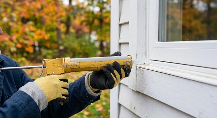 Applying exterior caulk to a window frame with a caulk gun