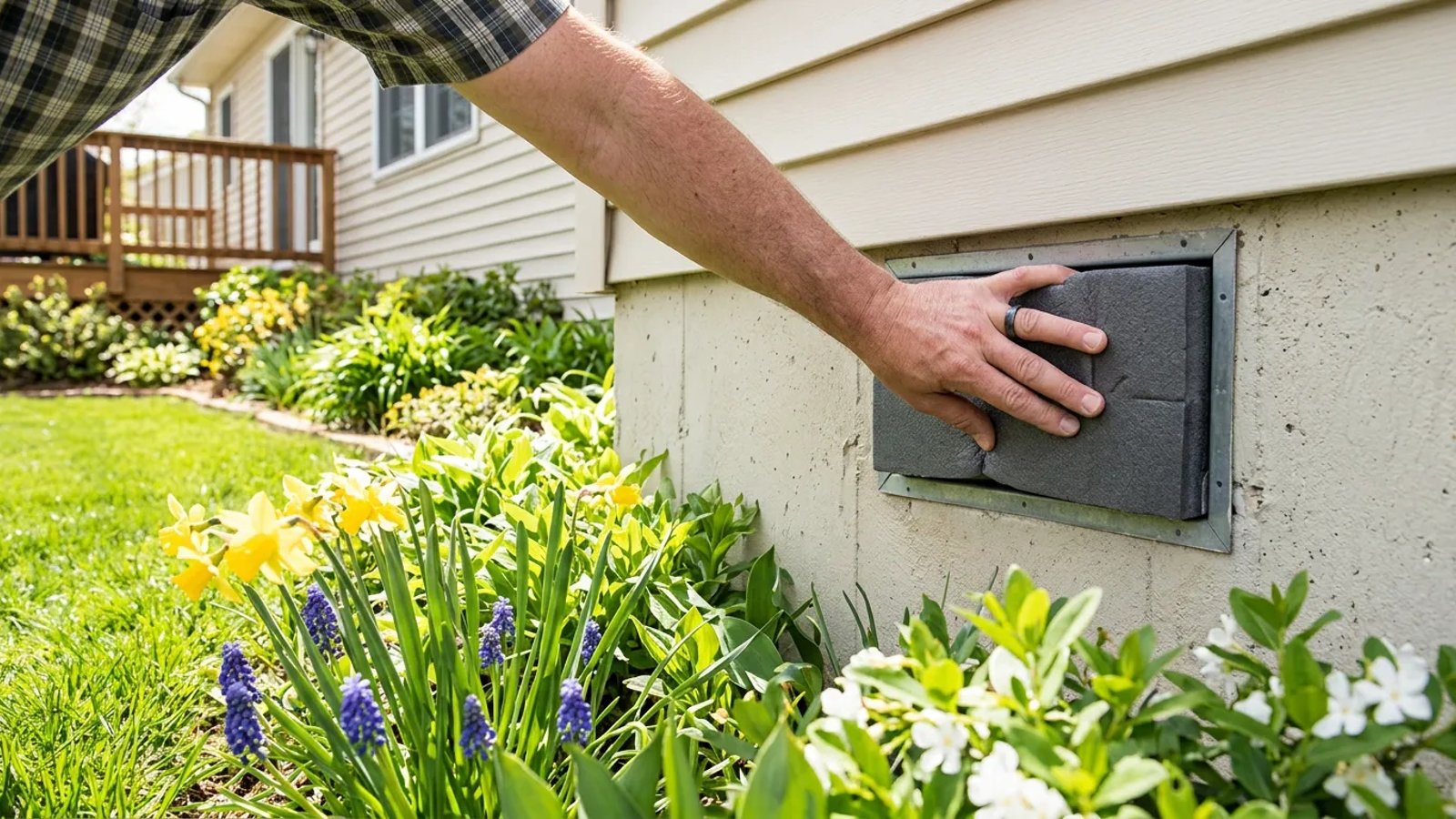 A homeowner sealing a crawl space vent on a brick foundation exterior to prepare for summer