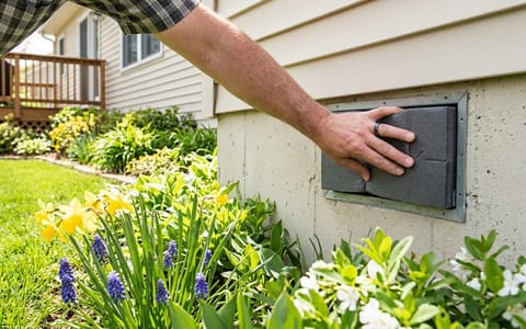 A homeowner sealing a crawl space vent on a brick foundation exterior to prepare for summer