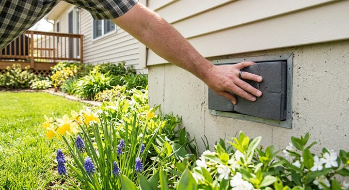 A homeowner sealing a crawl space vent on a brick foundation exterior to prepare for summer